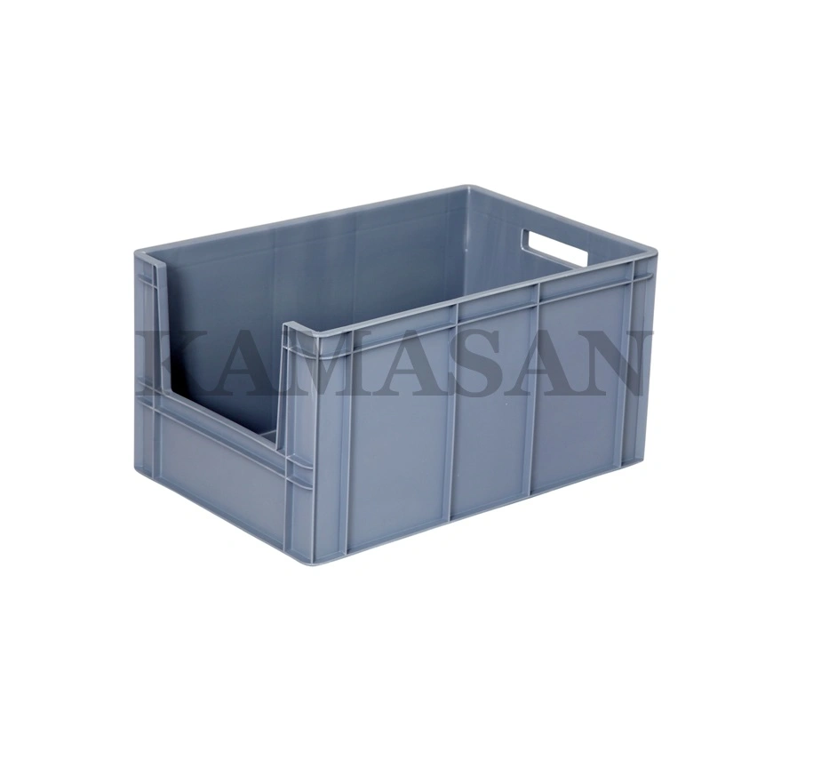 Kamasan PNC6432K plastik kasa, 400x600x320h mm ölçülerinde, pencereli ve tekerlek uyumlu gri renkli endüstriyel plastik kasa